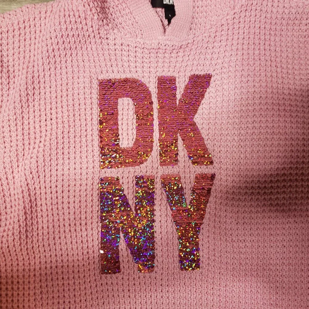 DKNY Girls Sz L Pink Flip Sequin Knit Hoodie Sweater(1486)